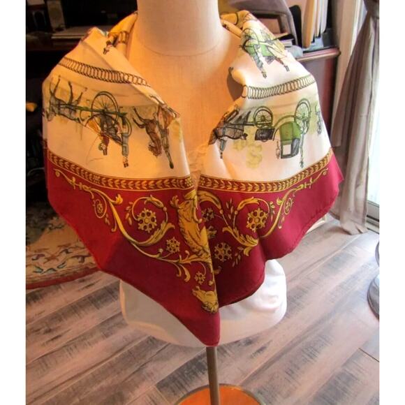 HERMES La Promenade De Longchamps Burgundy, Biege & Gold Silk Scarf 90CM - Picture 7 of 7